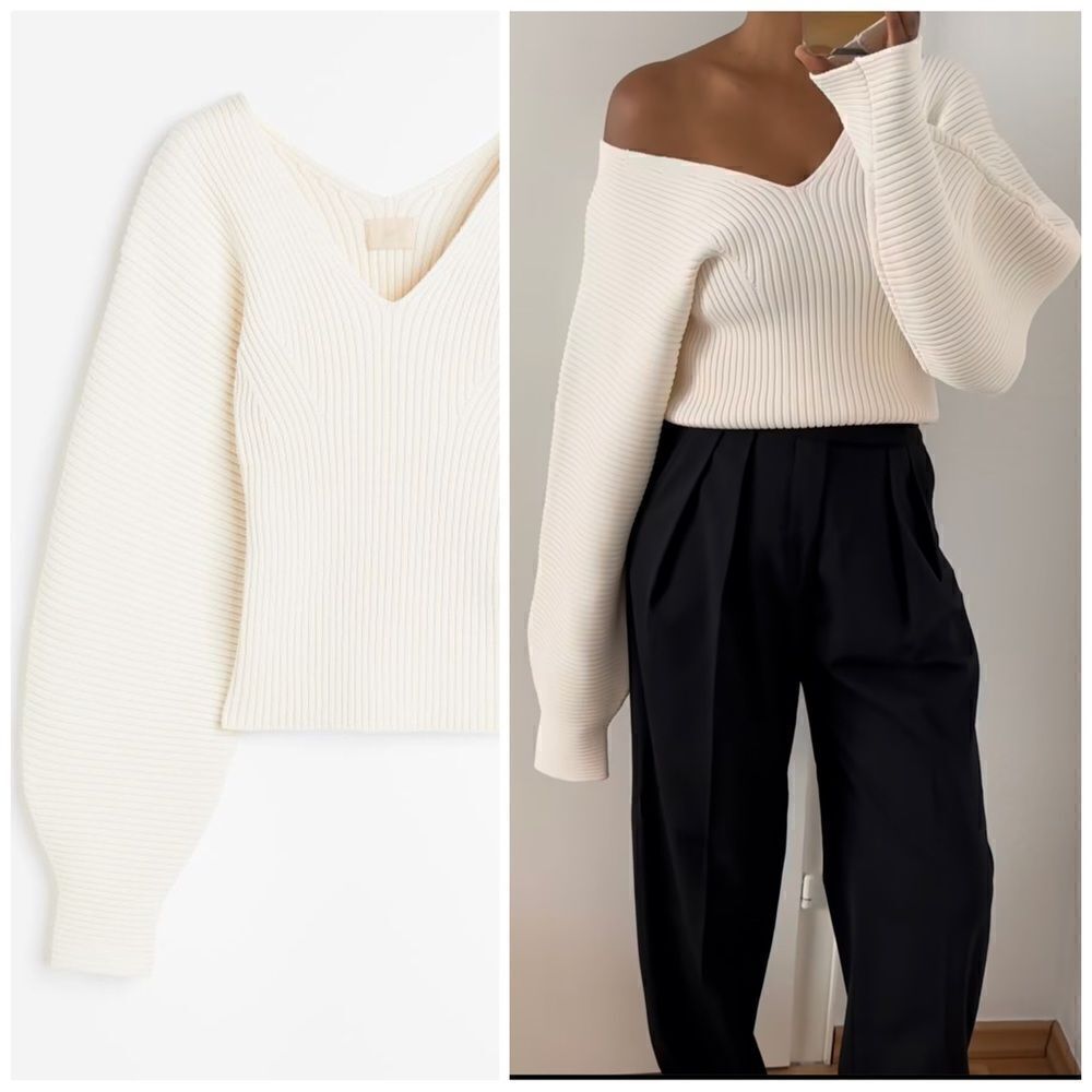 H&M Rib Knit Fitted Sweater Cream New - Picture 3 of 10